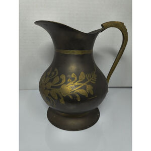 Vintage Two Tone Brass Pitcher‎ Ewer Etched Flower Floral Design Notched Handle